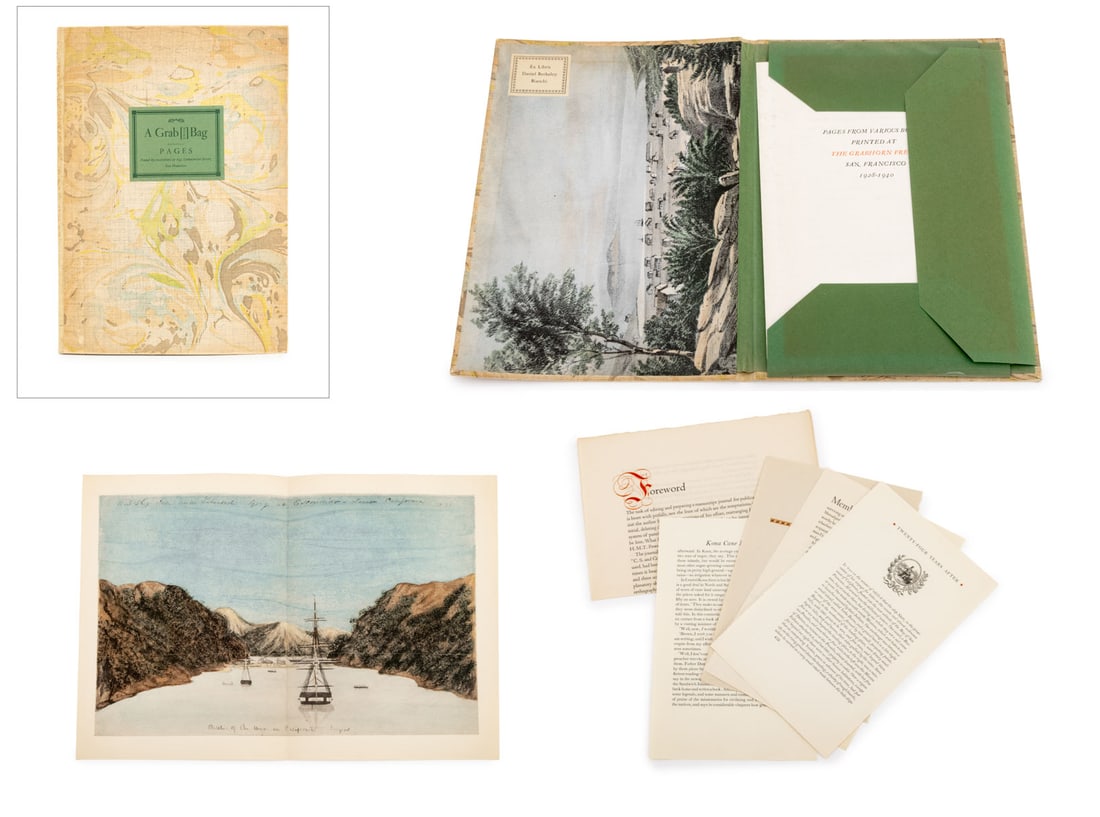 "A Grab[horn] Bag: Original Pages ...", 1941: "A Grab[horn] Bag: Original Pages Found by Excavators at 642 Commercial Street, San Francisco", [San Franscisco]: Grabhorn Press, 1941, bookplate " Ex Libris Daniel Berkeley Bianchi". 12.5" L x 8.75"