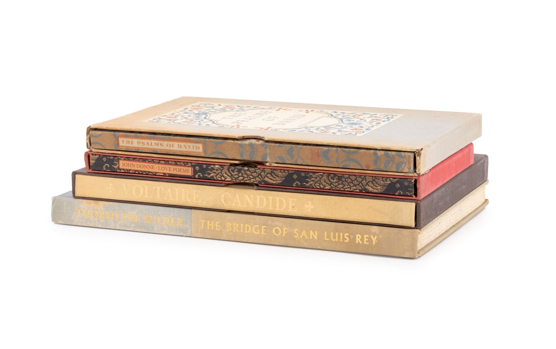 Books Published by Peter Pauper and Heritage Press: Collection of 4 Books Published by Peter Pauper and Heritage Press, comprising: "Love Poems", Donne, John, "The Psalms of David", "Candide", Voltaire, illus.: Kredel, Fritz, "The Bridge of San Luis Re