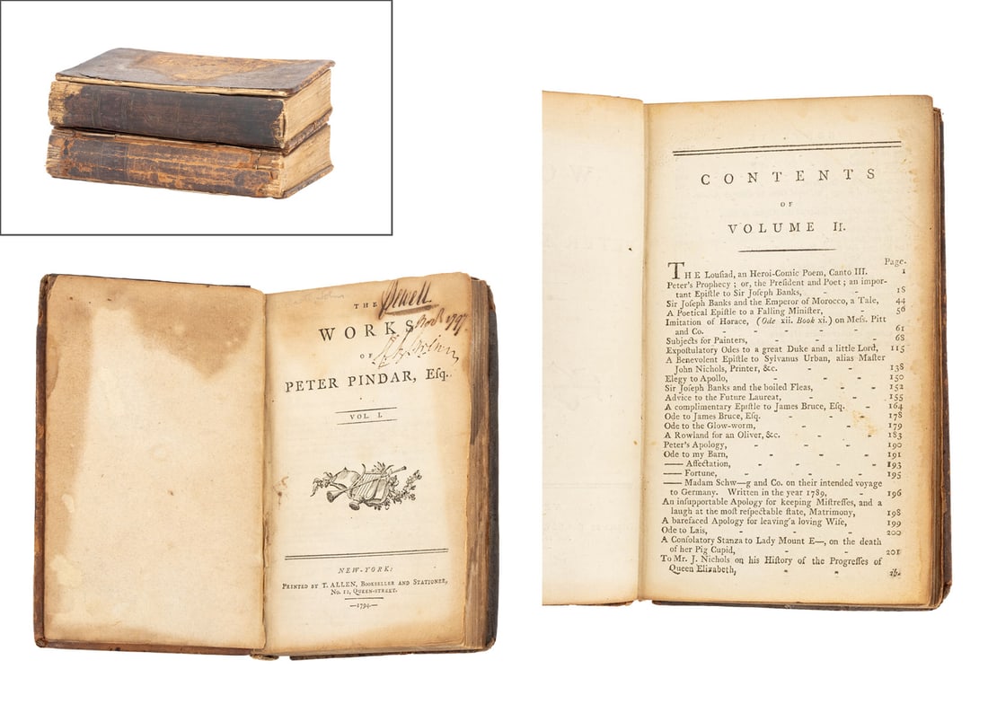 "The Works of Peter Pindar, esq.", 1794, 2 vols.: [Wolcot, John], "The Works of Peter Pindar", New York: T. Allen, 1794, volumes I and II. Each: 6" L x 4" W x 1.25" D. Provenance: From a New York City Collection. Keywords: Antique books, John Wolcot,
