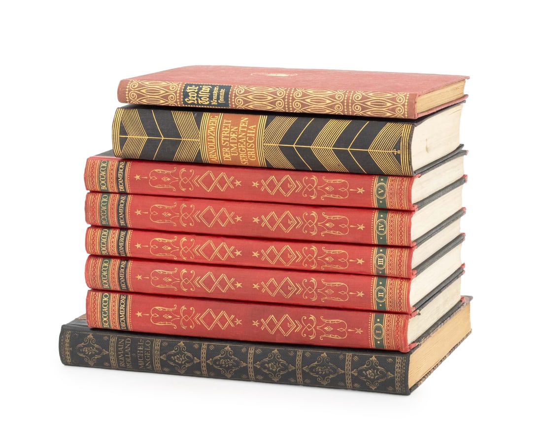 German Fiction and Literature Books, 8: Collection of 8 German Fiction and Literature Books, comprising: "Der Streit Um Den Sergenteanten Grischa", "Gesammelte Werke", Tolstoy, Leo, "Das Leben Michelangelos", Rolland, Romain, "Der