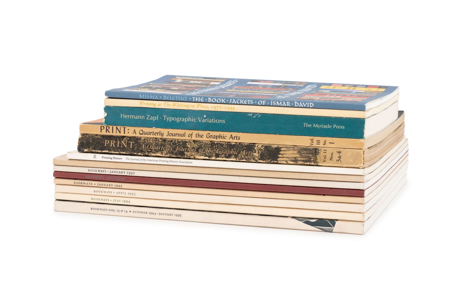 Book Arts and Printing Journals, 13: Collection of 13 Book Arts and Printing Journals, comprising: "Print, vol. II, nos. 3 & 4", "Print, vol. III, no. 1", 7 issues of "Bookways: A Quarterly for Book Arts", including issue nos. 1-2, 4, 6-