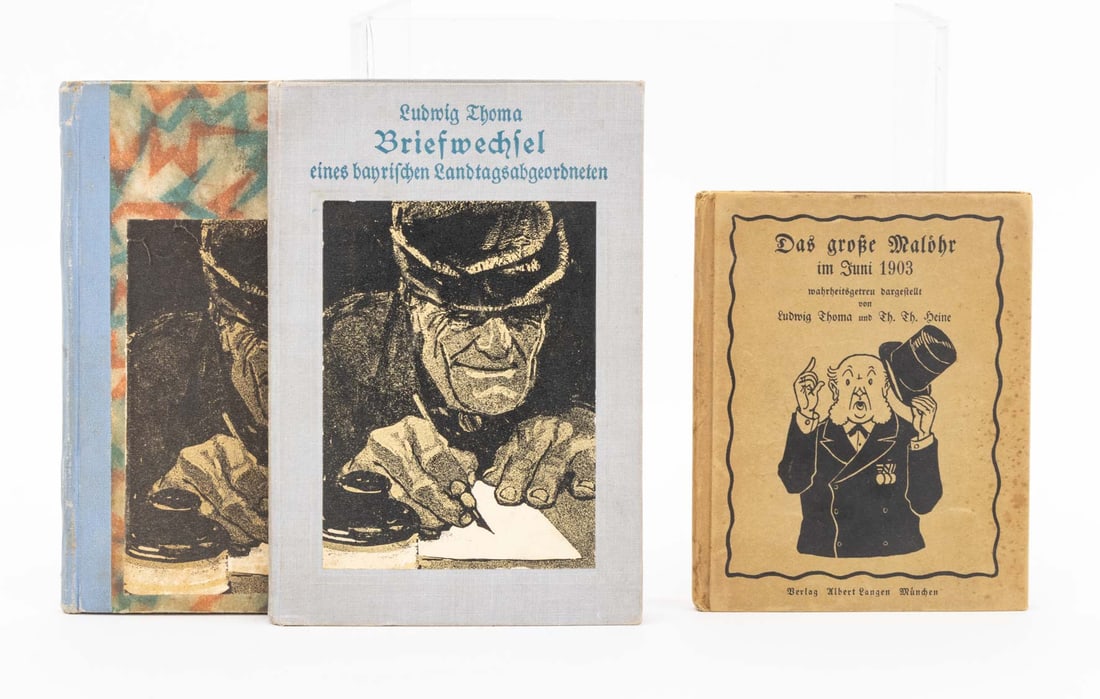 German Books by Ludwig Thoma, 3: Collection of Three German Books, comprising: two editions of "Briefwechfel eines Banrifchen Landtagsabgeordneten", Thoma, Ludwig, "Das Grobe Malohr im Juni 1903", Thoma, Ludwig, illus. Hein, Th. Th.