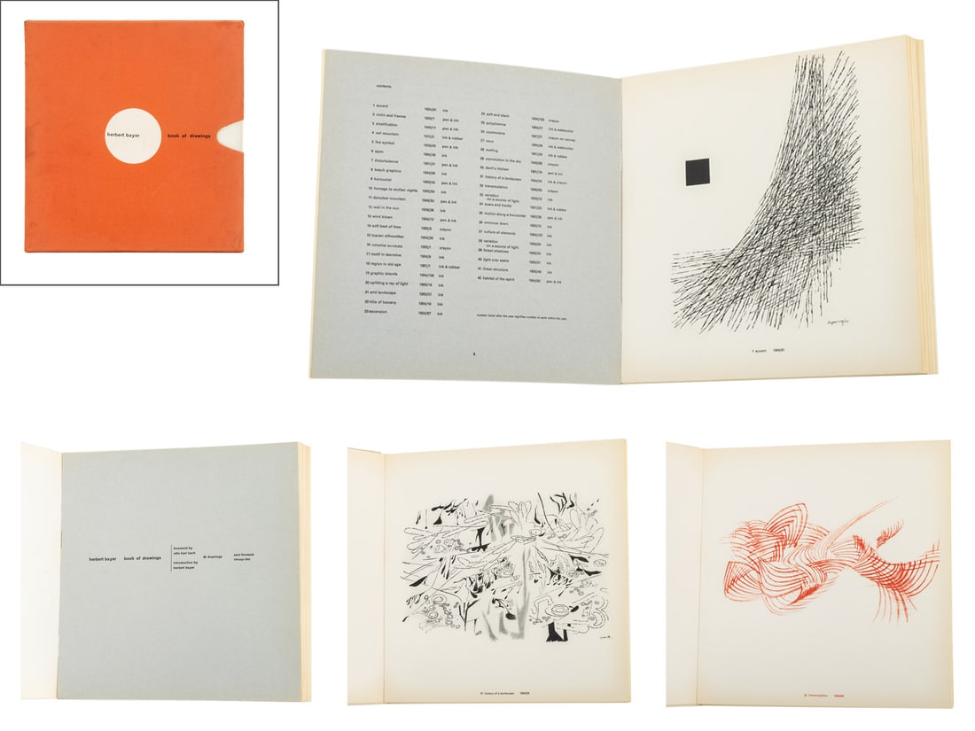 Herbert Bayer "Book of Drawings", 1961: Bayer, Herbert, "Book of Drawings", Chicago: Paul Theobold, 1961. 11.25" L x 10.75" W x 0.5" D. Provenance: From a New York City Collection. Keywords: Art Books, Artist collections, Portfolio, Art His
