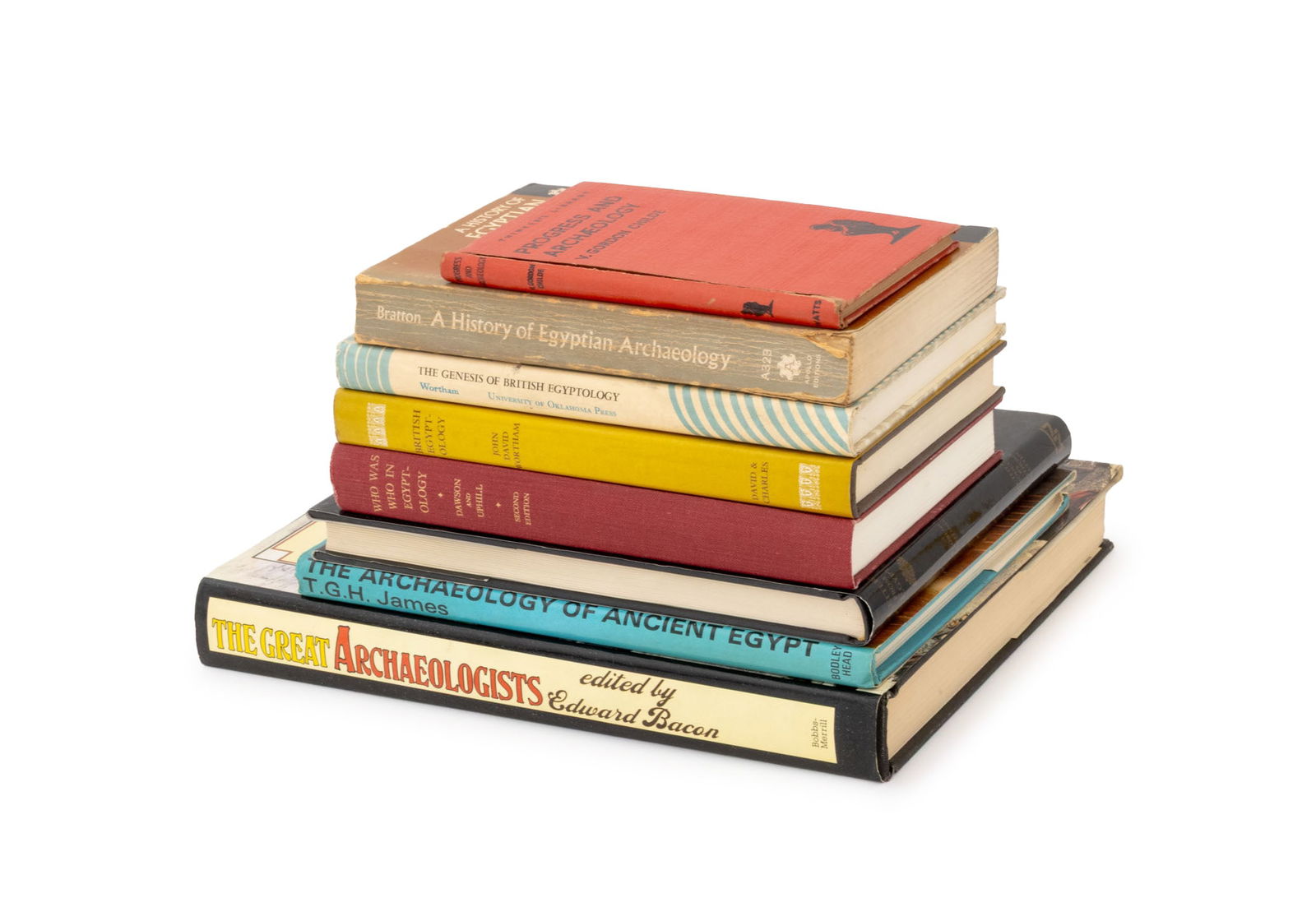 Books on Egyptology, 8: Collection of Eight Books on Egyptology, comprising: "Progress and Archeology", Childe, V. Gordon, "Who Was in Egyptology?", Dawson, Warren R., "The Genesis of British Egyptology 1549-1906",