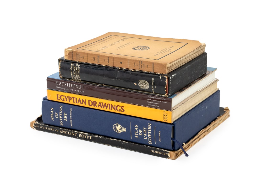 Books on Egyptian Art, 6: Collection of 6 Books on Egyptian Art, comprising: "L' Art Egyptien", Boreux. Charles, "Atlas of Egyptian Art", D' Avennes, Emile Prisse, "The Art and Architecture of Ancient Egypt", Smith, W.