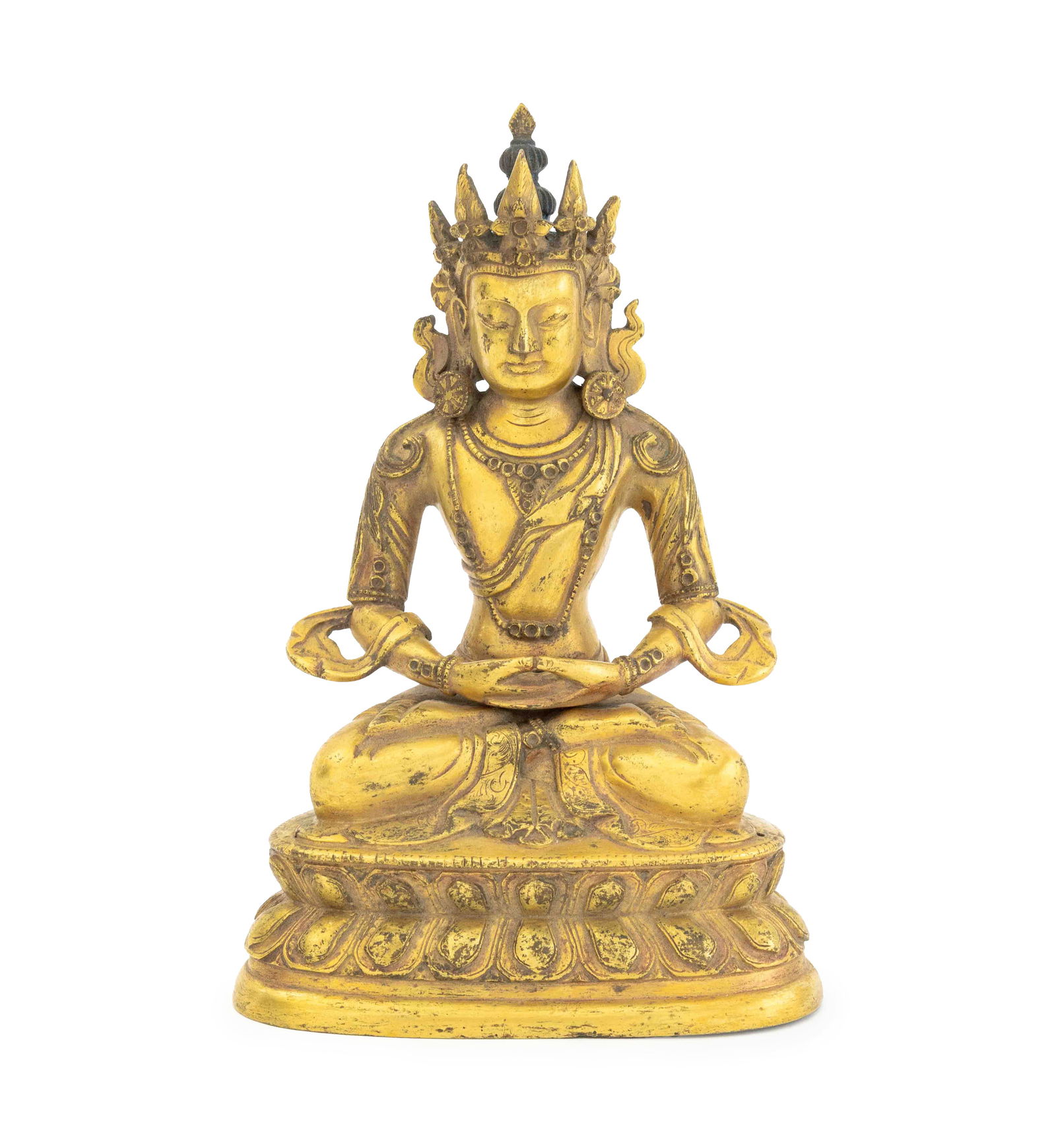 Chinese Tibetan Amitabha Gilt Bronze Sculpture: Chinese Tibetan Amitabha Gilt Bronze Sculpture, 19th century or earlier, the Buddha of Infinite Light and Life seated atop a lotus pedestal, remnants of original pigment to hair. 7" H x 4.5" W x 3" D.