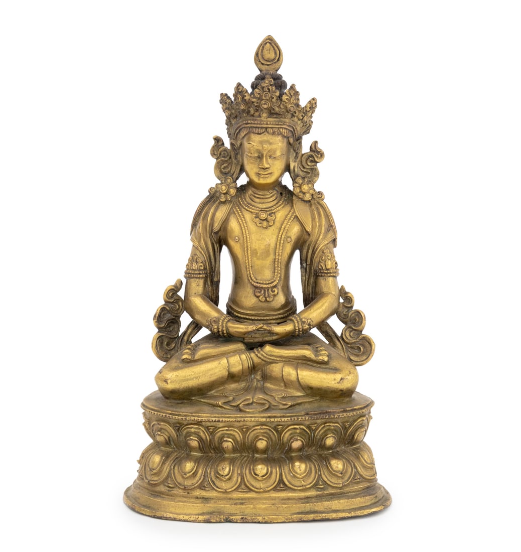 Chinese Tibetan Amitayus Gilt Bronze Sculpture: Chinese Tibetan Amitayus Gilt Bronze Sculpture, 18th century of earlier, the Buddha of Infinite Life seated atop a lotus pedestal. 8" H x 5.5" W x 3" D. Provenance: From the Estate of Joseph Lawrence