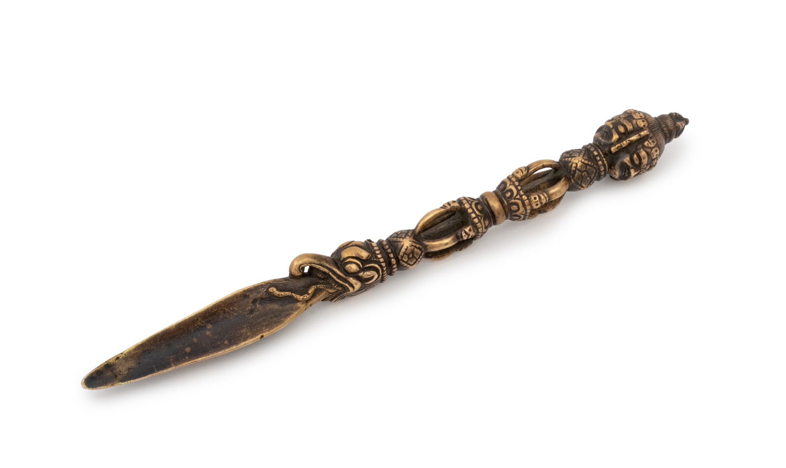 Tibetan Dorje Vajra Phurba Ritual Dagger: Eastern Tibetan Brass Dorje Vajra Phurba Ritual Dagger, possibly 12th century, the handle with four faces in the form of Hayagriva, bird head above three-sided blade. 8.5" L x 0.75" Diameter. Provenan