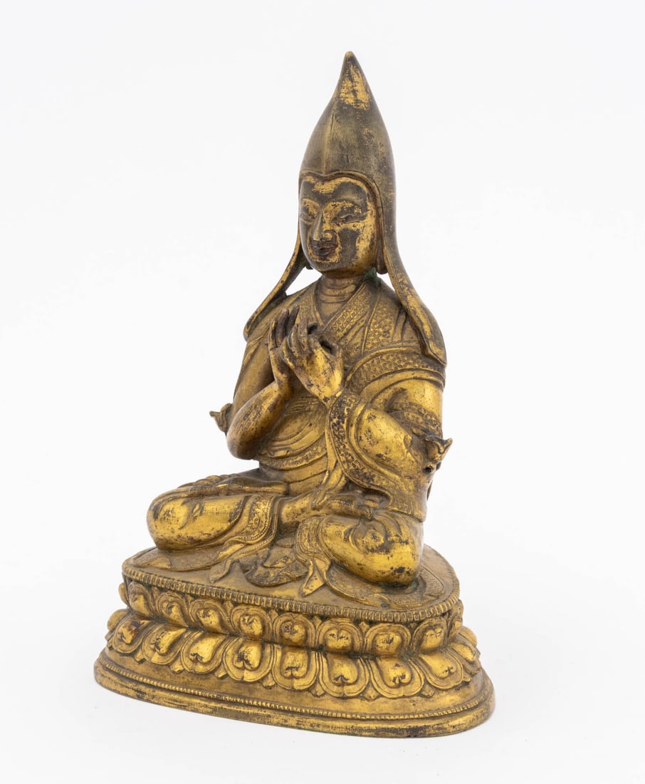 Tibetan Tsongkhapa Gilt Bronze Sculpture - 5