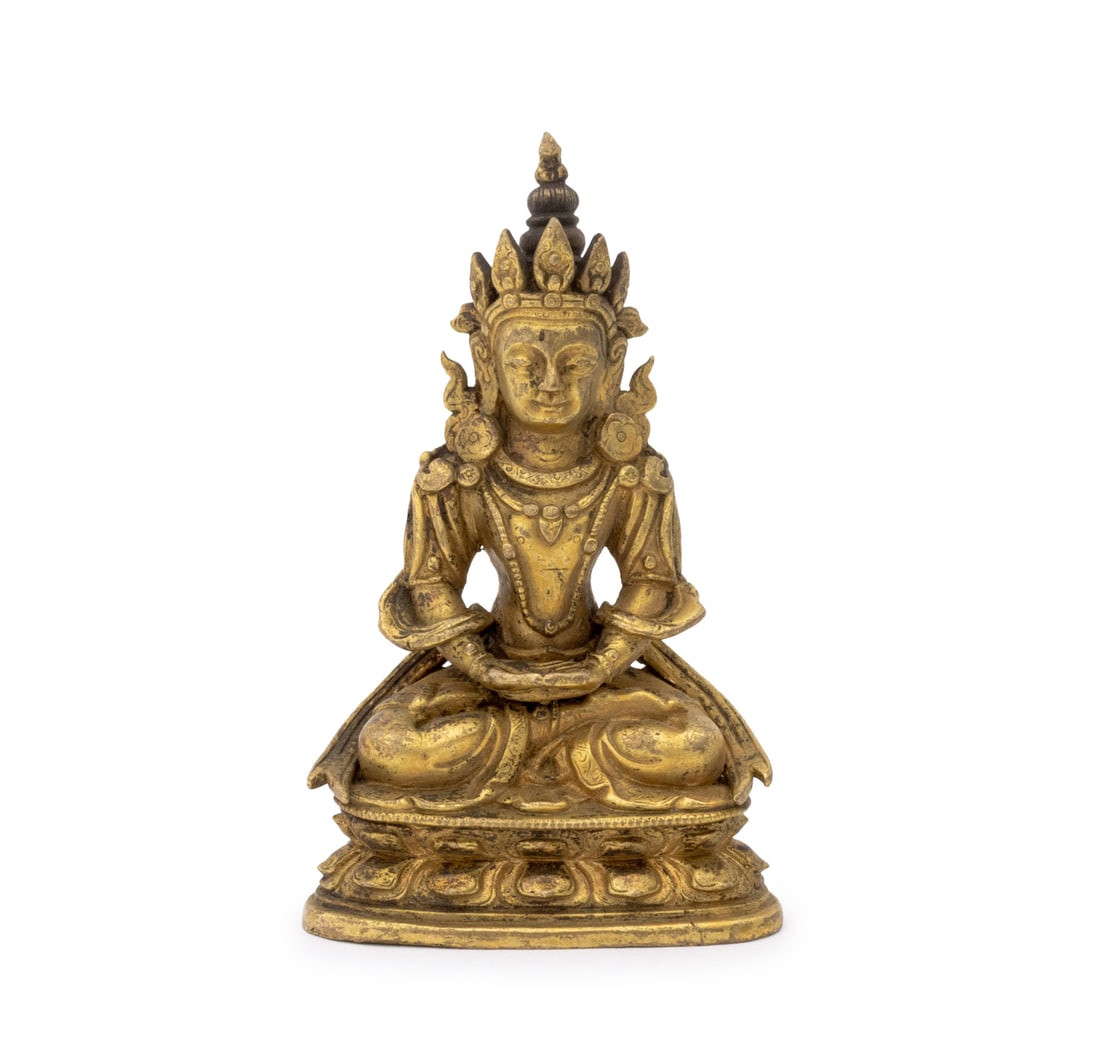 Chinese Tibetan Amitayus Gilt Bronze Sculpture: Chinese Tibetan Amitayus Gilt Bronze Sculpture, 18th century of earlier, the Buddha of Infinite Life, Wisdom, and Good Fortune seated atop a double lotus pedestal. 3" H x 1.75" W x 1.25" D. Provenance