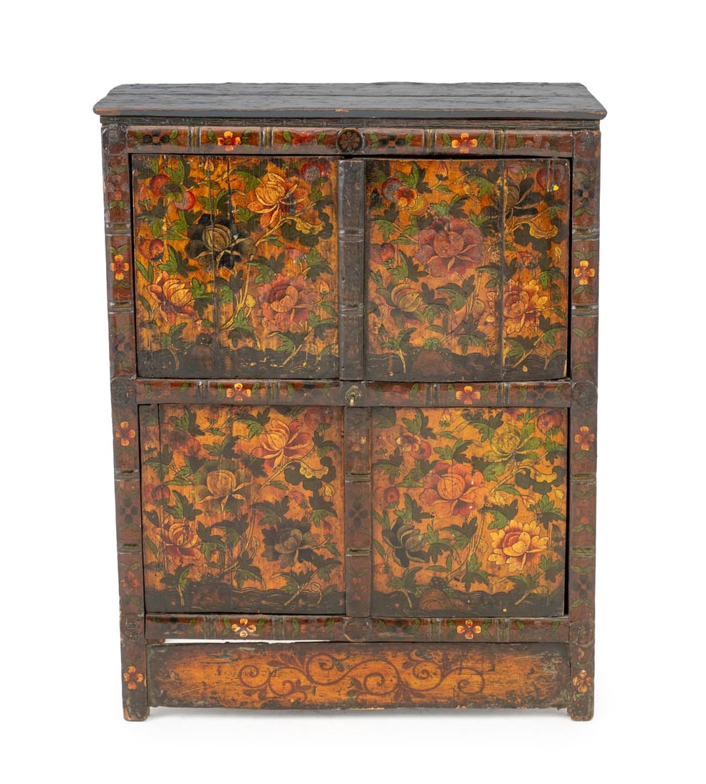 Tibetan Floral Motif Polychromed Cabinet, 19th C.: Tibetan Floral Motif Polychrome Paint-Decorated Cabinet, 19th century, with double two-door compartments. 40.25" H x 32" W x 17" D. Provenance: From the Estate of Joseph Lawrence Gardella. Keywords: A