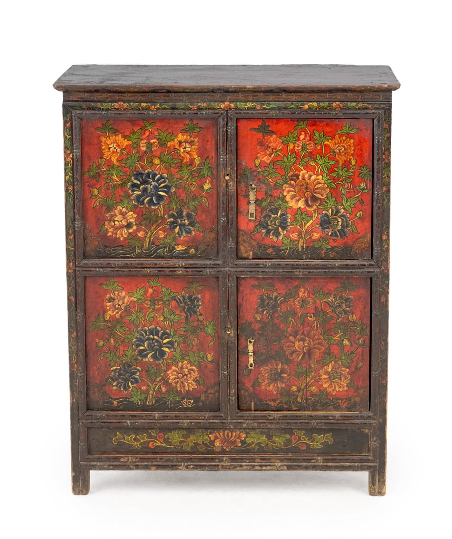 Tibetan Red Painted Floral Decorated Cabinet: Tibetan Red Painted Floral Decorated Cabinet, with double two-door compartments. 39.5" H x 31.75" W x 18" D. Provenance: From the Estate of Joseph Lawrence Gardella. Keywords: Antique Furniture, Himal