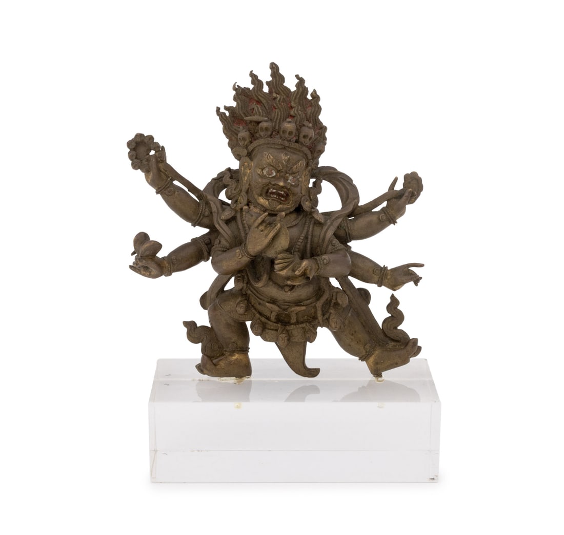 Chinese Tibetan Hayagriva Gilt Bronze Sculpture: Chinese Tibetan Hayagriva Gilt Bronze Sculpture, 19th century or earlier, the figure with remnants of original pigment and mounted atop a modern clear acrylic base. Overall: 4.75" H x 4" W x 2" D. Pro