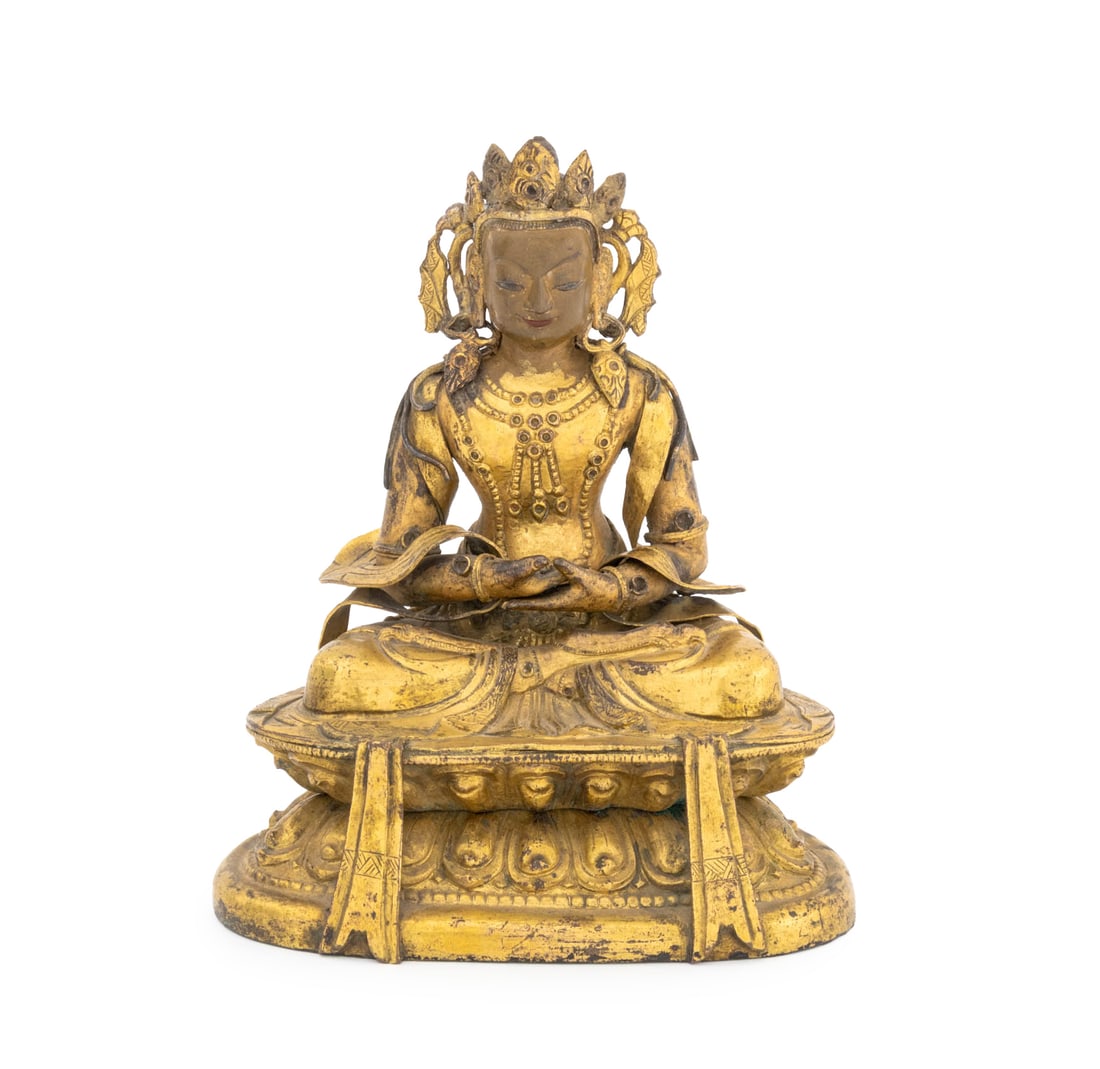 Qing Imperial Chinese Tibetan Amitabha Gilt Bronze: Qing Imperial Chinese Tibetan Amitabha Gilt Bronze Sculpture, 18th century or earlier, the Buddha of Infinite Light and Life holding a bowl and seated atop a lotus pedestal with straps to front and in