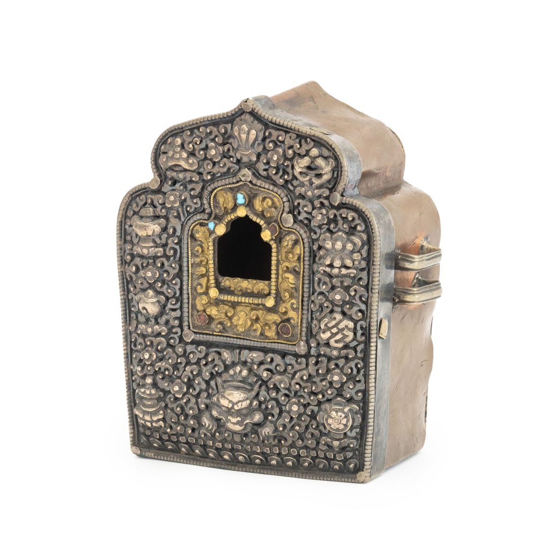 Chinese Tibetan Gau Prayer Box: Chinese Tibetan Portable Gau Prayer Box, probably Derge region, silver, brass, and copper with repousse floral and animal motif and turquoise stone embellishments. 4.75" H x 4" W x 2" D. Provenance: F