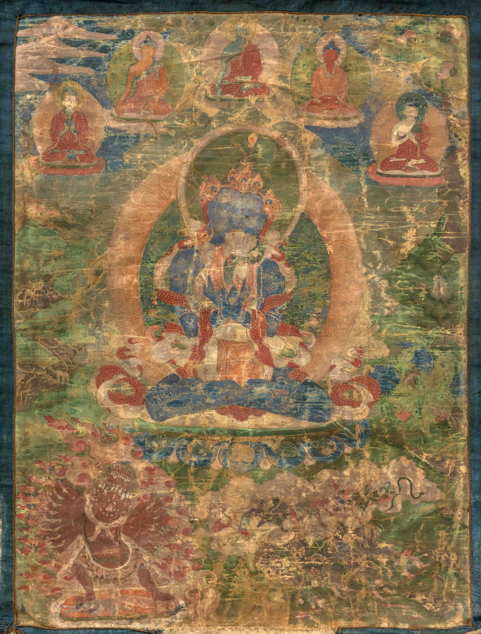 Chinese Tibetan Vajradahara Thangka, 18th C.: Chinese Tibetan Vajradahara Thangka, Gouache on Paper,18th century or earlier, mounted on silk, depicting Vajradahara holding holy bell. Overall: 41" H x 23.25" W; image: 24" H x 18" W. Provenance: Fr