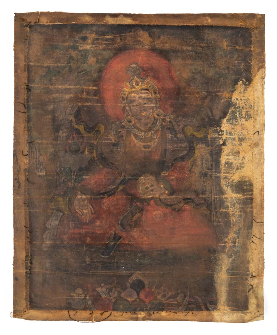 Tibetan Bodhisattva Thangka Gouache, 18th C.: Tibetan Bodhisattva Thangka, Gouache on Canvas, 18th century. 12.75" H x 10.25" W. Provenance: From the Estate of Joseph Lawrence Gardella. Keywords: Himalayan Art, Nepal, Asian Art, Painting, Works o