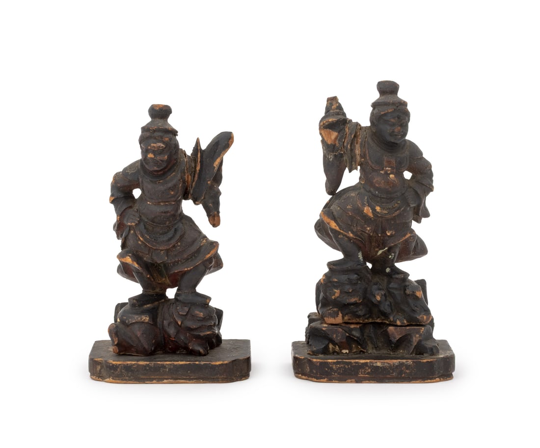 Chinese Deity Carved Wood Sculptures, Pair: Pair of Chinese Deity Carved and Lacquered Wood Sculptures, 19th century or earlier, each figure standing atop a mythical beast. Taller: 4.5" H x 2.5" W x 1.5" D. Provenance: From the Estate of Joseph