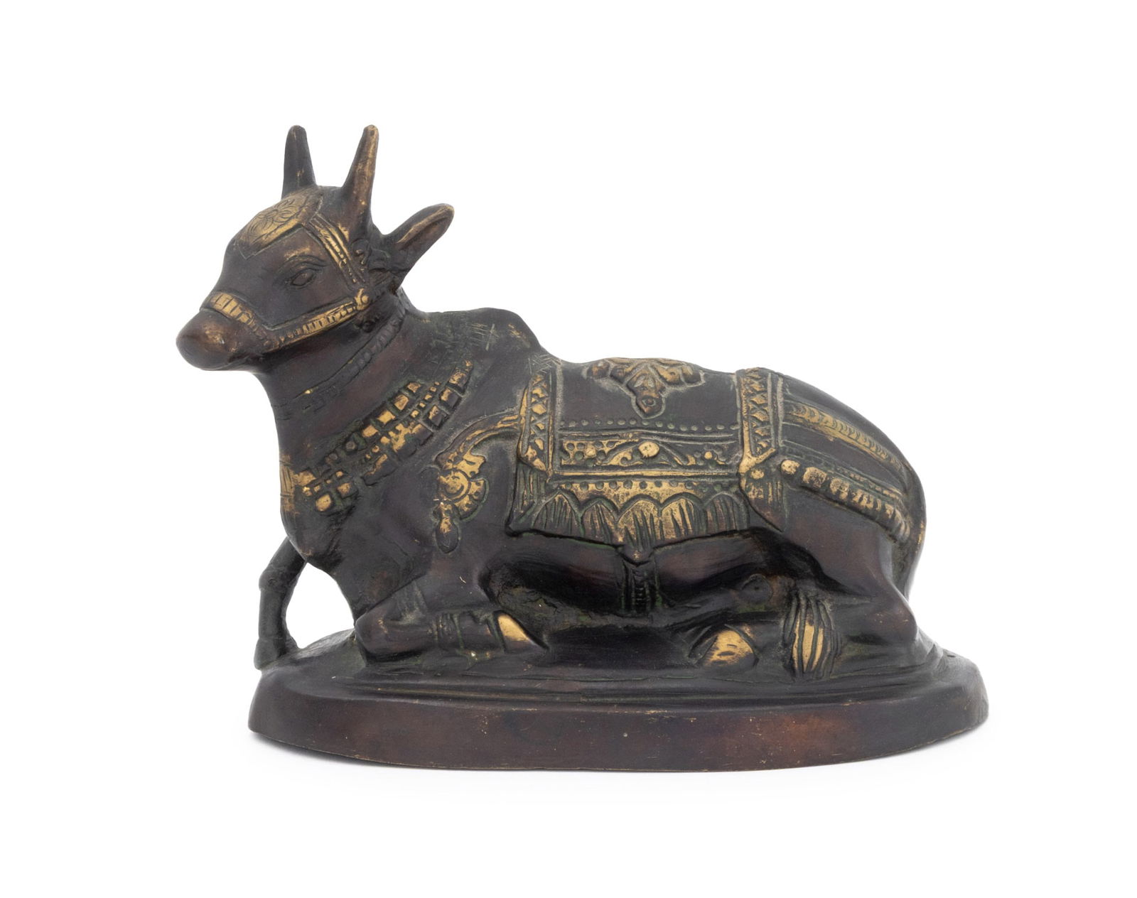Tibetan or Indian Seated Bull Patinated Bronze: Western Tibetan or Indian Seated Bull Gilt and Patinated Bronze Sculpture, 19th century or earlier. 6.25" H x 7.5" W x 3.5" D. Provenance: From the Estate of Joseph Lawrence Gardella. Keywords: Asian