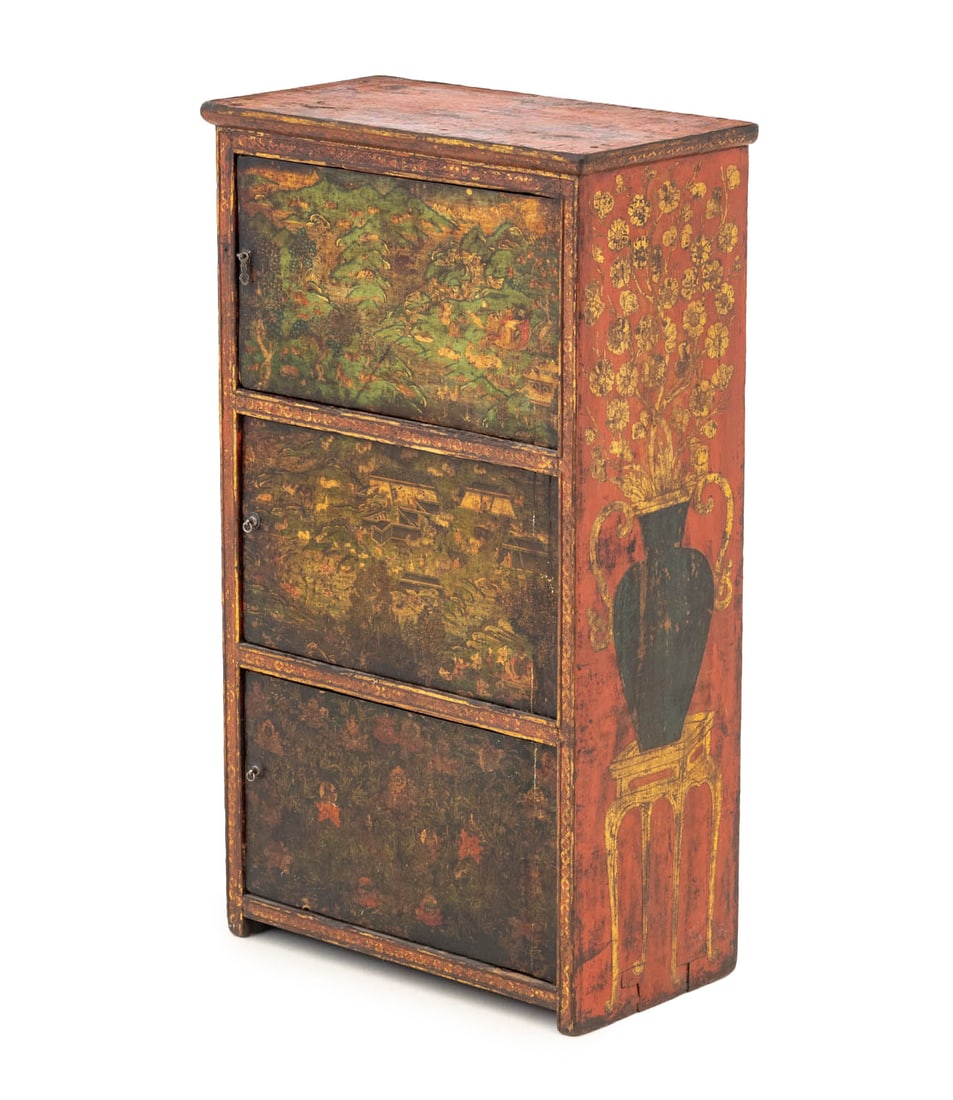 Tibetan Red Painted Three-Door Cabinet: Tibetan Red Paint-Decorated Three-Door Cabinet, with hand-painted figural landscapes scene panels. 31.5" H x 18.25" W x 9.75" D. Provenance: From the Estate of Joseph Lawrence Gardella. Keywords: Anti