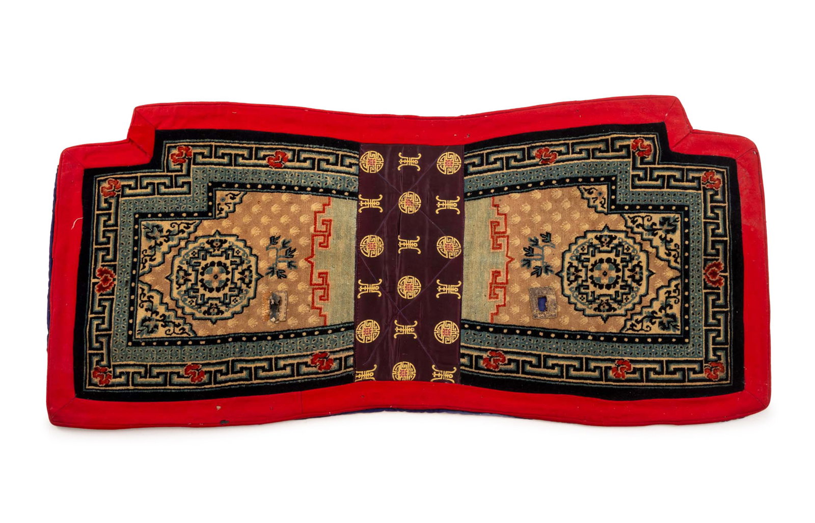 Tibetan Saddle Rug, 4' 8" x 2' 2.5": Tibetan Wool, Silk, and Cotton Saddle Rug, with bat symbols and foliate design on a black ground with red border. 4' 8" L x 2' 2.5" W. Provenance: From the Estate of Joseph Lawrence Gardella. Keywords