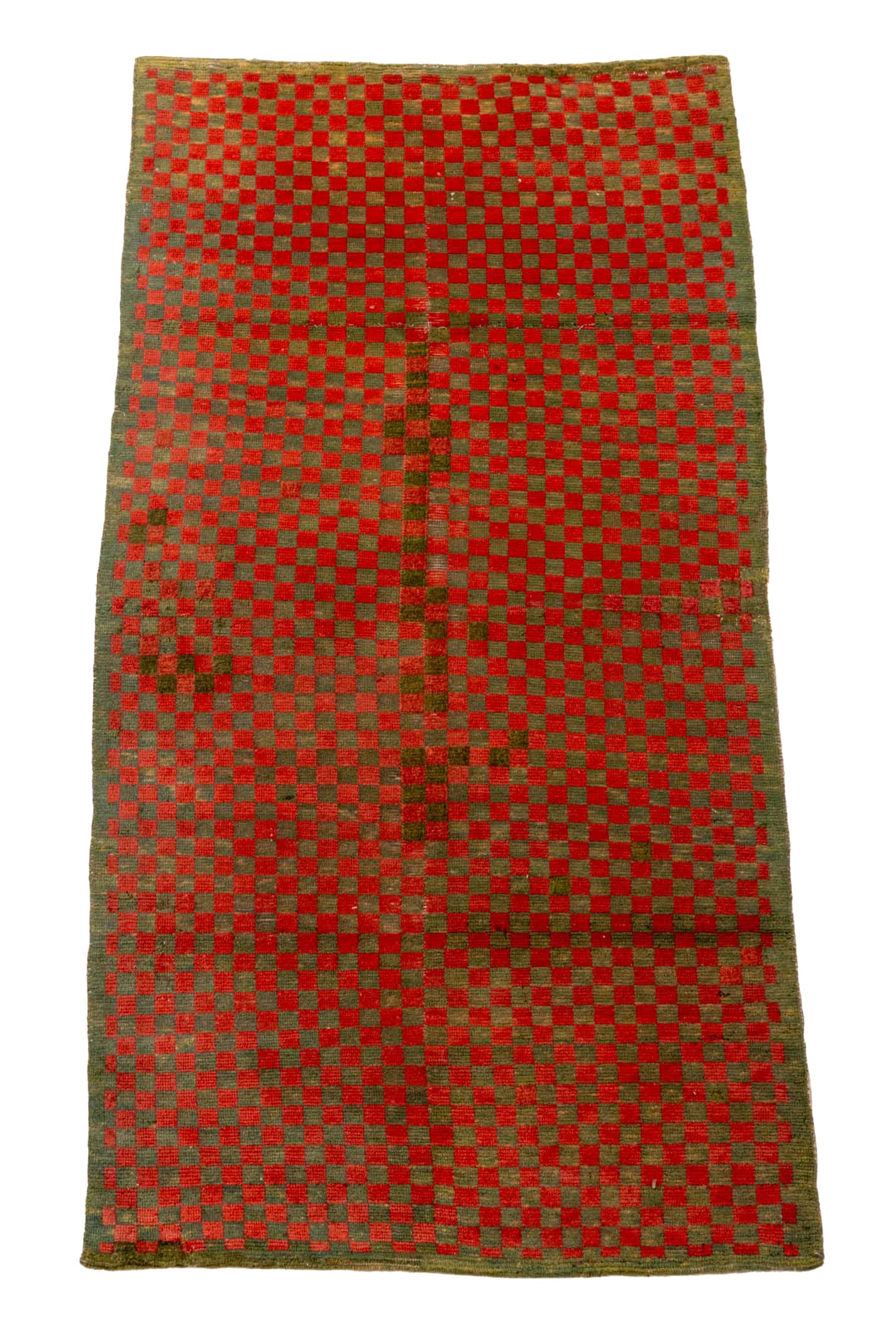 Tibetan Red & Green Khaden Rug, 5' 4" x 2' 10": Tibetan Red and Green Checkerboard Khaden Wool Rug. 5' 4" L x 2' 10" W. Provenance: From the Estate of Joseph Lawrence Gardella. Keywords: Himalayan Art, Nepal, Asian Art, Textiles, Sleeping rug, Medi