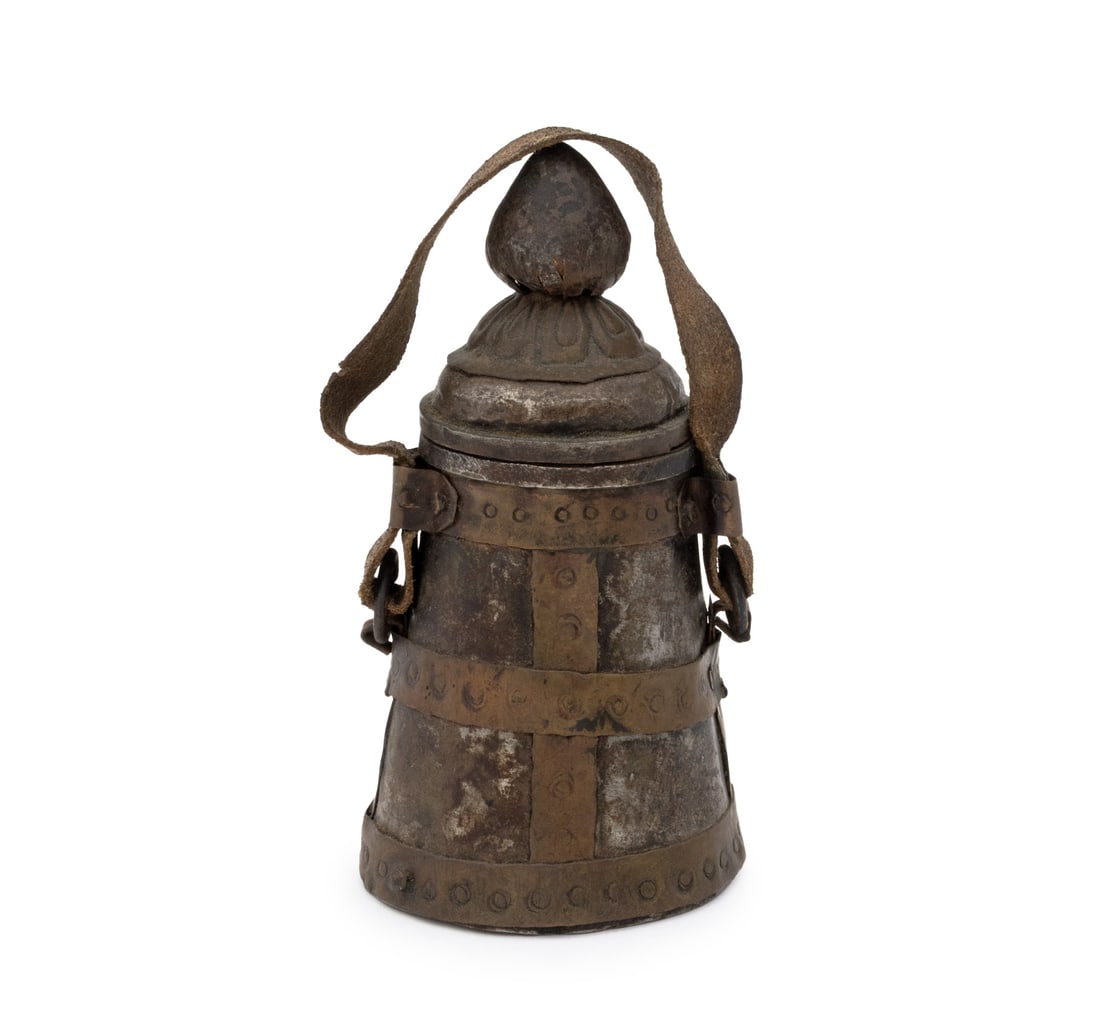 Tibetan Copper Banded Iron Butter Pot: Tibetan Copper Banded Iron Butter Pot, 19th century or earlier, with leather strap. 6" H x 3" Diameter. Provenance: From the Estate of Joseph Lawrence Gardella. Keywords: Himalayan Art, Nepal, Asian A