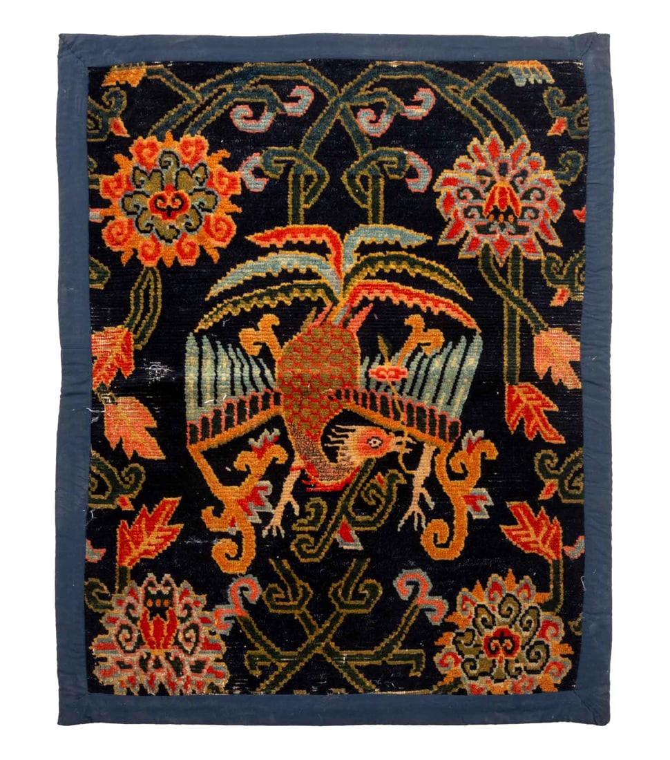 Tibetan Phoenix Meditation Rug, 2' 7.5" x 2' 1": Tibetan Phoenix Motif Wool Meditation Rug. 2' 7.5" L x 2' 1" W. Provenance: From the Estate of Joseph Lawrence Gardella. Keywords: Himalayan Art, Nepal, Asian Art, Textiles, Lotus flower, Mythical bea
