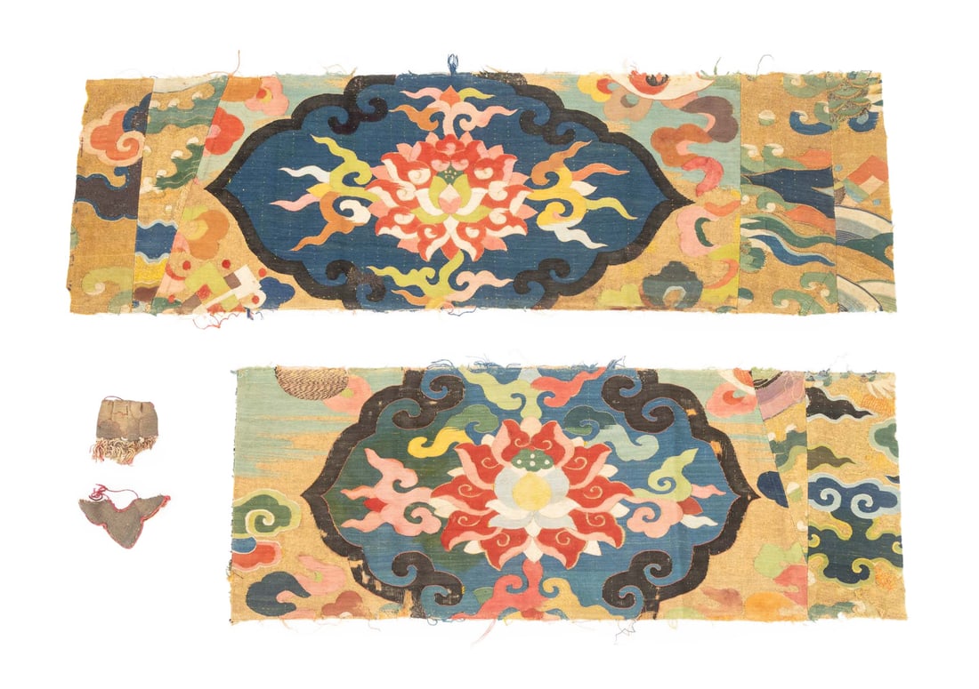 Tibetan Textiles and Chinese Festival Wear, 4: Tibetan Textile Fragments and Chinese Festival Wear, comprising: two cut-down lotus flower textile panels, and two textile attachments for festival wear. 8.25" H x 27.5" W. Provenance: From the Estate