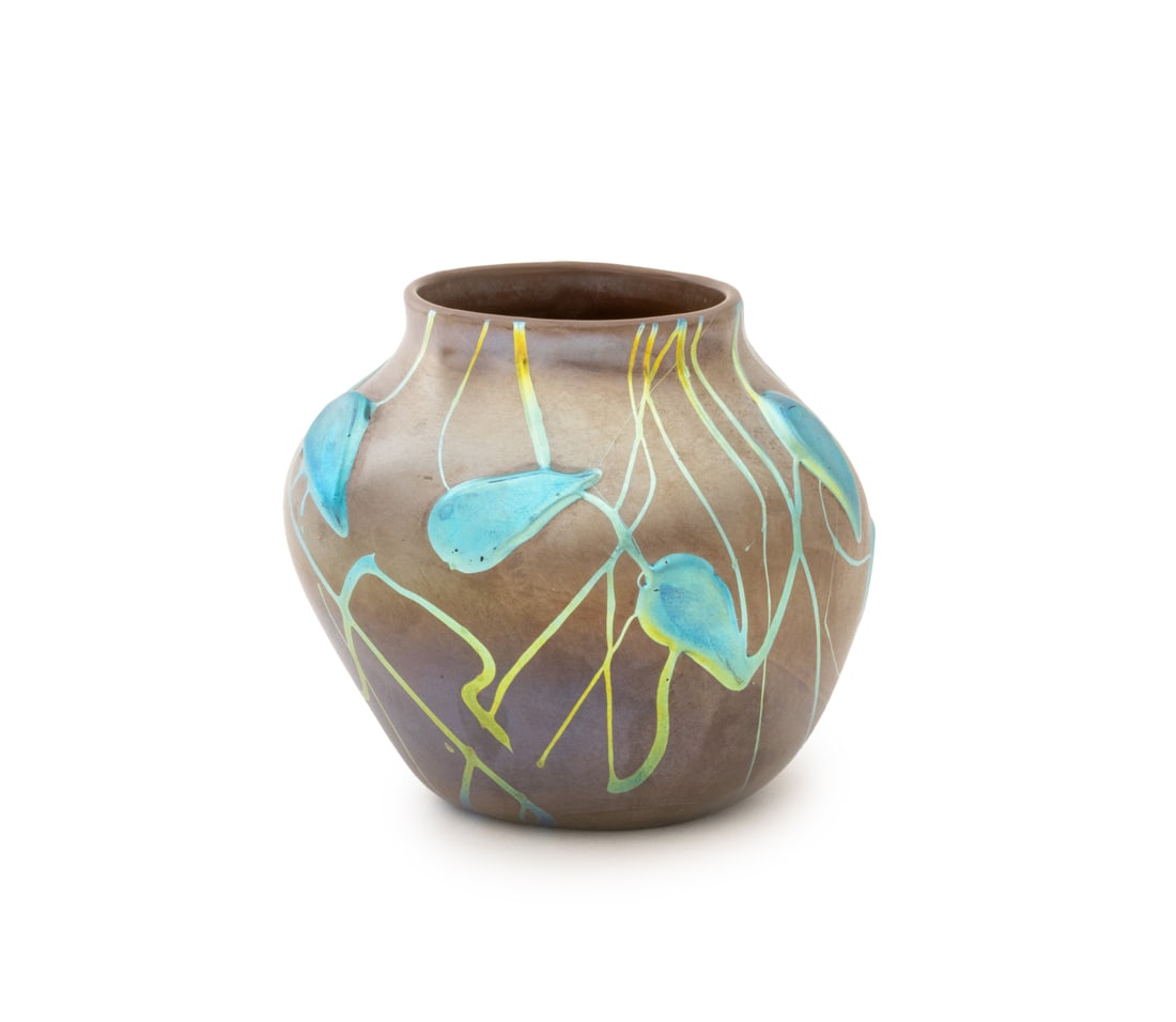 Tiffany Studios Special Order Favrile Vase: Tiffany Studios Special Order Favrile Glass Vase, 1895-1915, the shouldered low ovoid vessel in deep amber iridescent glass, overlaid with green trailing and thickly applied iridescent blue stylized l