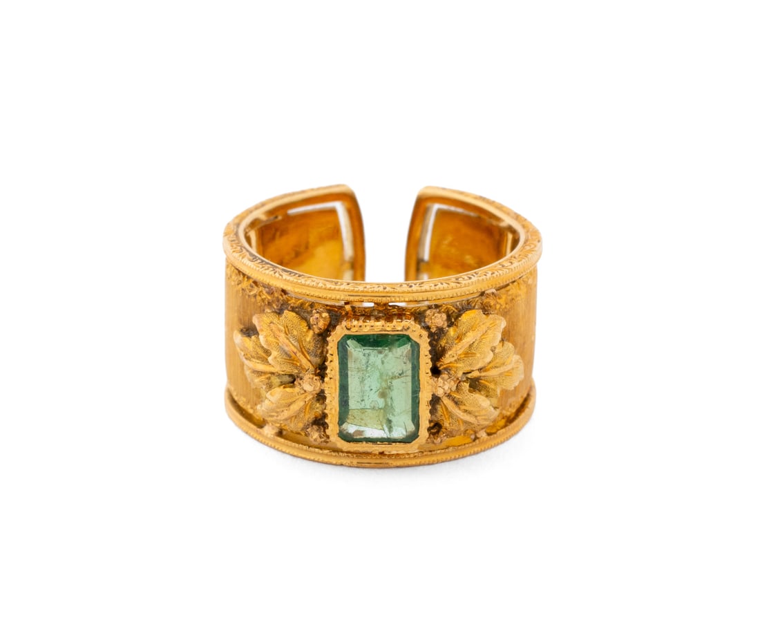 Federico Buccellati 18K Yellow Gold Emerald Ring: Federico Buccellati (Italian, b. 1960) 18K Yellow Gold Emerald Ring, hand fabricated, textured and brightly polished surfaces, adorned with one centered bezel set rectangular step cut emerald approx.