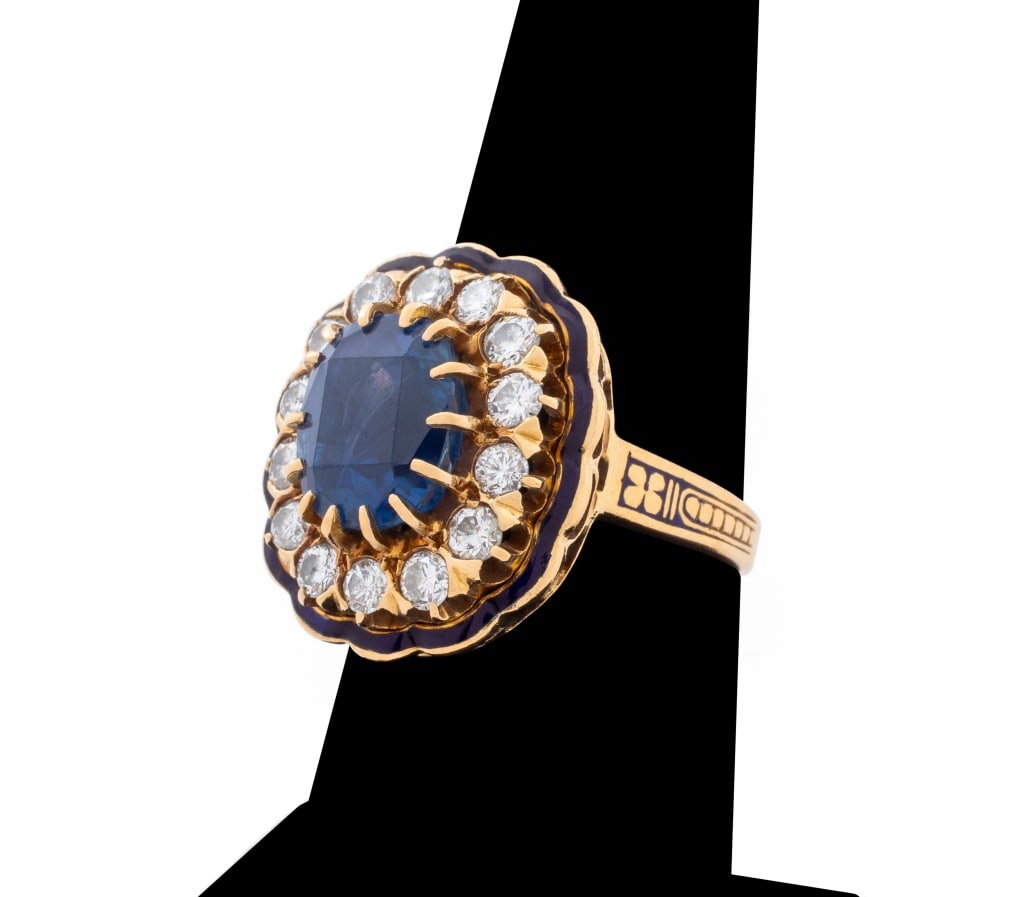 14K Gold Burma Sapphire Diamond Enamel Ring, AGL: 14K Gold Burmese Sapphire Diamond Enamel Ring, AGL Report #1139225, dated 26 March 2024, indicating the prong set oval mixed cut blue sapphire is of Burma origin with no evidence of any clarity or hea