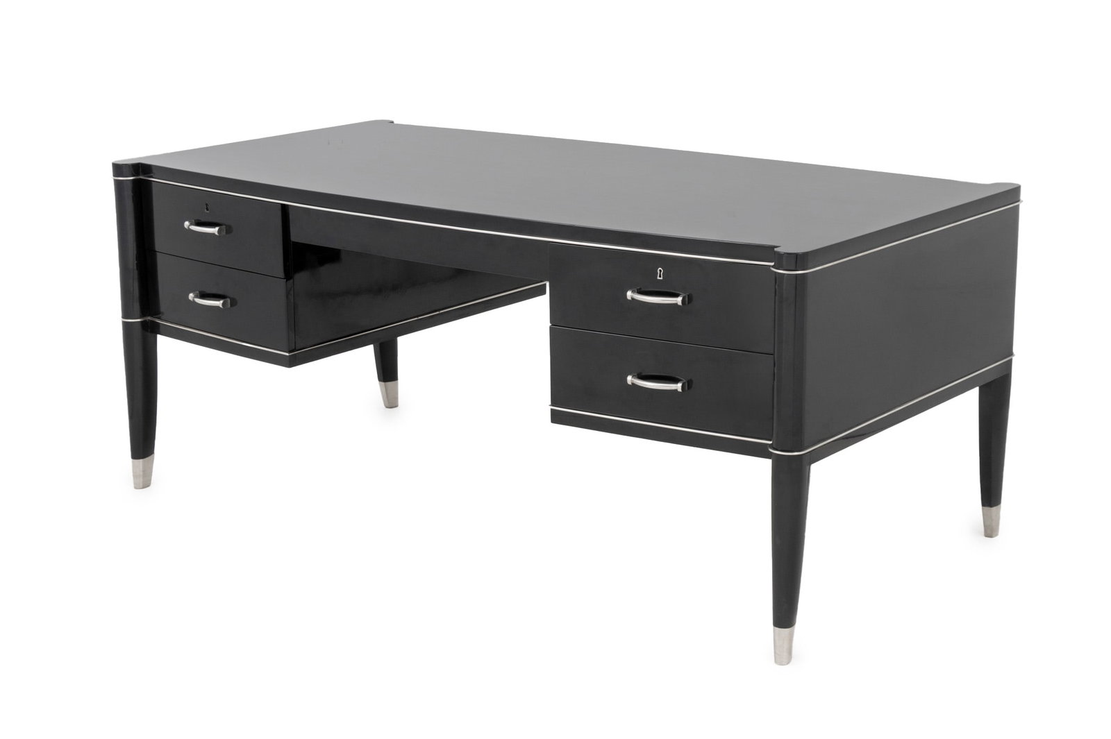 De Coene Freres Black Lacquered Desk: De Coene Freres Art Deco Style Black Lacquered Desk, with chrome-plated hardware, one side with two single-door storage compartments, the other with two rows of two drawers, De Coene of Courtrai label