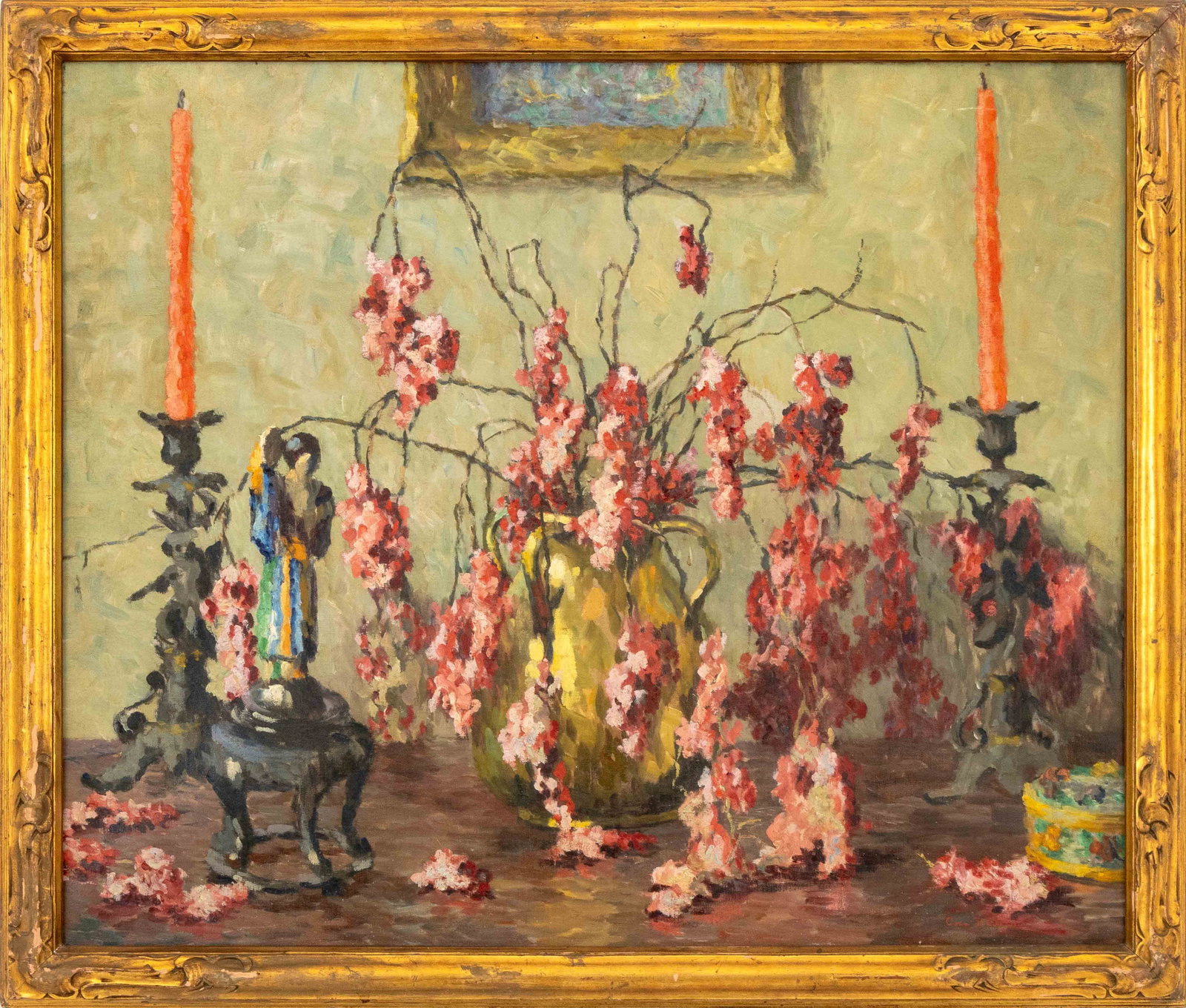 Cora Smalley Brooks Still Life Scene Oil on Canvas: Cora Smalley Brooks (American, 1885-1930), Still Life Scene of Pink Flowers, Chinese Sculpture, and Pair of Candlesticks, Oil on Canvas, circa 1900 signed "Cora Brooks" lower right, giltwood frame. Im