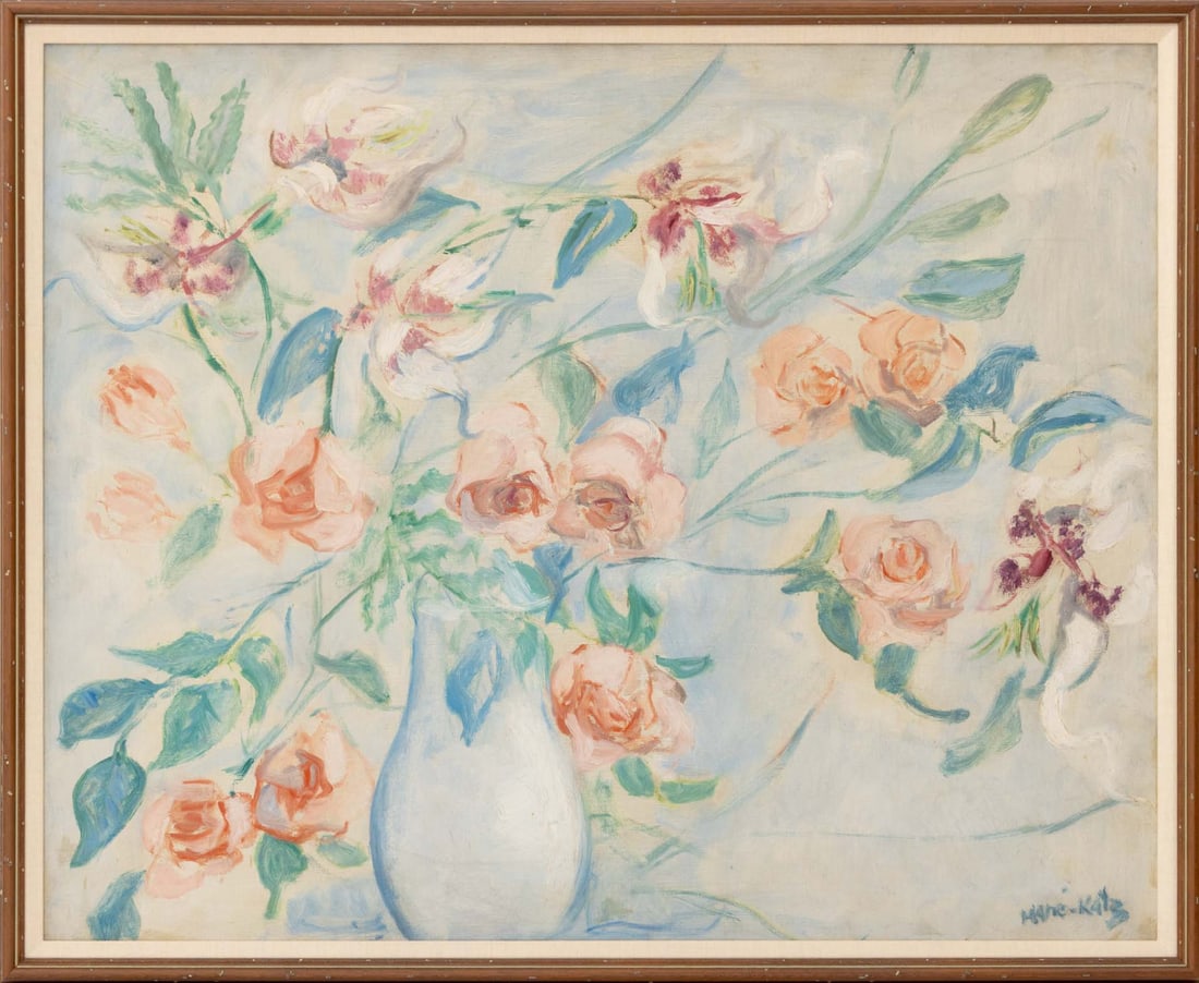 Mane-Katz "Grand Bouquet de Fleurs" Oil on Canvas: Emmanuel Mane-Katz (Ukrainian, 1894-1962), "Grand Bouquet de Fleurs Roses" [Large Bouquet of Pink Flowers], Oil on Canvas, signed lower right, Christie's label verso, wood frame. Image: 31.25" H x 38.