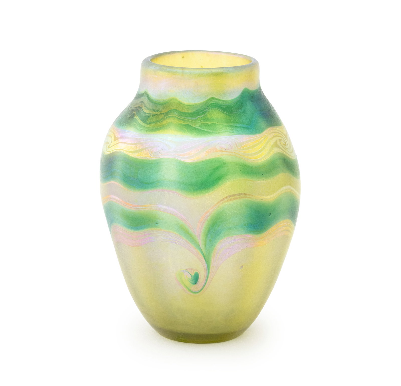 Tiffany Studios Blown Glass Vase, 1894: Tiffany Studios Blown Glass Vase, 1894, ovoid form with mottled pale green iridescent ground worked with continuous horizontal deeper green and amber to gold iridescent pulled wave motif, engraved "A2