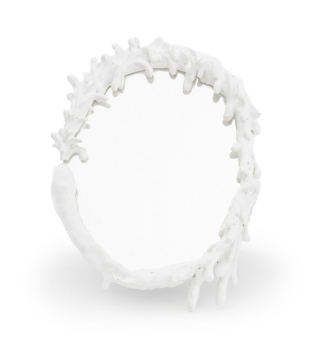 Alejandro Contreras Sculptural Ceramic Mirror: Alejandro Garcia Contreras (Mexican, b. 1983) Sculptural Ceramic Mirror, circa 2020, from the Espejo de Priapo [Mirror of Priapus] series. Mirror plate: 11" H x 9" W; frame: 14.5" H x 11" W x 2.25" D.