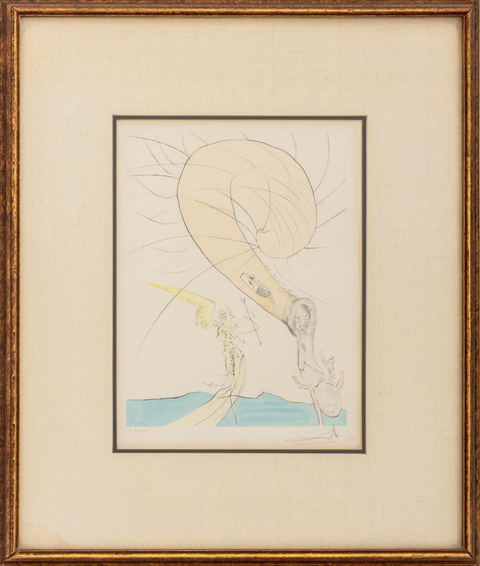 Salvador Dali "Freud a Tete d'Escargot" Etching: Salvador Dali (Spanish, 1904-1989), "Freud a Tete d'Escargot" [Freud with a Snail's Head], Etching in Colors, 1974, from the "After 50 Years of Surrealism" suite, signed in pencil lower right, numbere