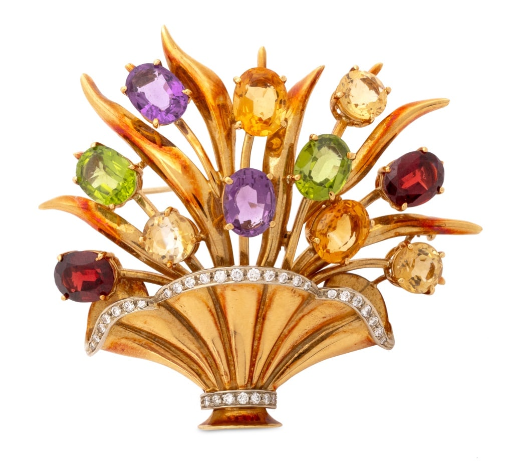 Italian 18K Gold Diamond and Gemstone Brooch: Italian 18K Two-Tone Gold Diamond and Multi-Color Gemstone Spray Basket Form Brooch, circa 1950, adorned with eleven amethyst, peridot, garnet and citrine gemstones weighing approx. 15.00 carats and t