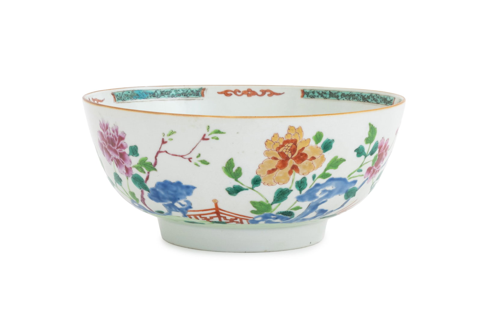 Chinese Export Famille Rose Porcelain Punch Bowl: Chinese Export Famille Rose Porcelain Punch Bowl, hand-enameled with flowers to the exterior and interior well, the inner rim with turquoise blue and iron red glazed border. 4" H x 10.25" Diameter.