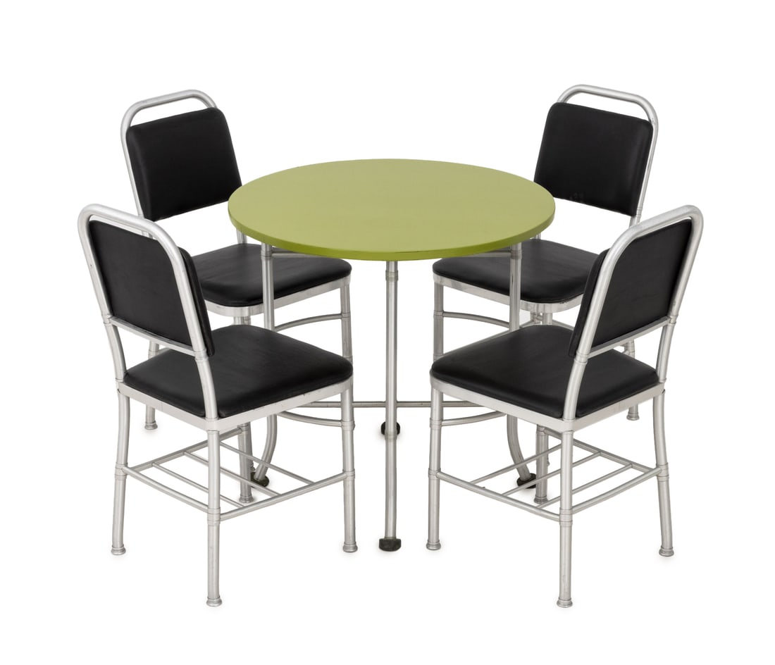 Warren McArthur Art Deco Table & Chairs, ca. 1933: Warren McArthur (American, 1885-1961) Art Deco Cafe Table and Four Dining Chairs, circa 1933, aluminum, lacquered wood and Bakelite, the chairs each with manufacturer's label. Chair: 33.75" H x 17" W