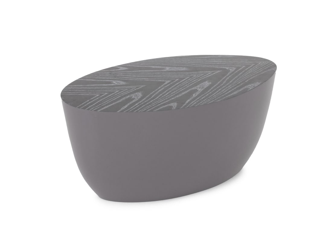 Wendell Castle "Sizzle" Coffee Table: Wendell Castle (American, 1932-2018) "Sizzle" Fiberglass Coffee Table, manufactured by Dennis Miller Associates, with gray wood veneer top and gray lacquered base. 16.5" H x 34" W x 20" D. Provenance: