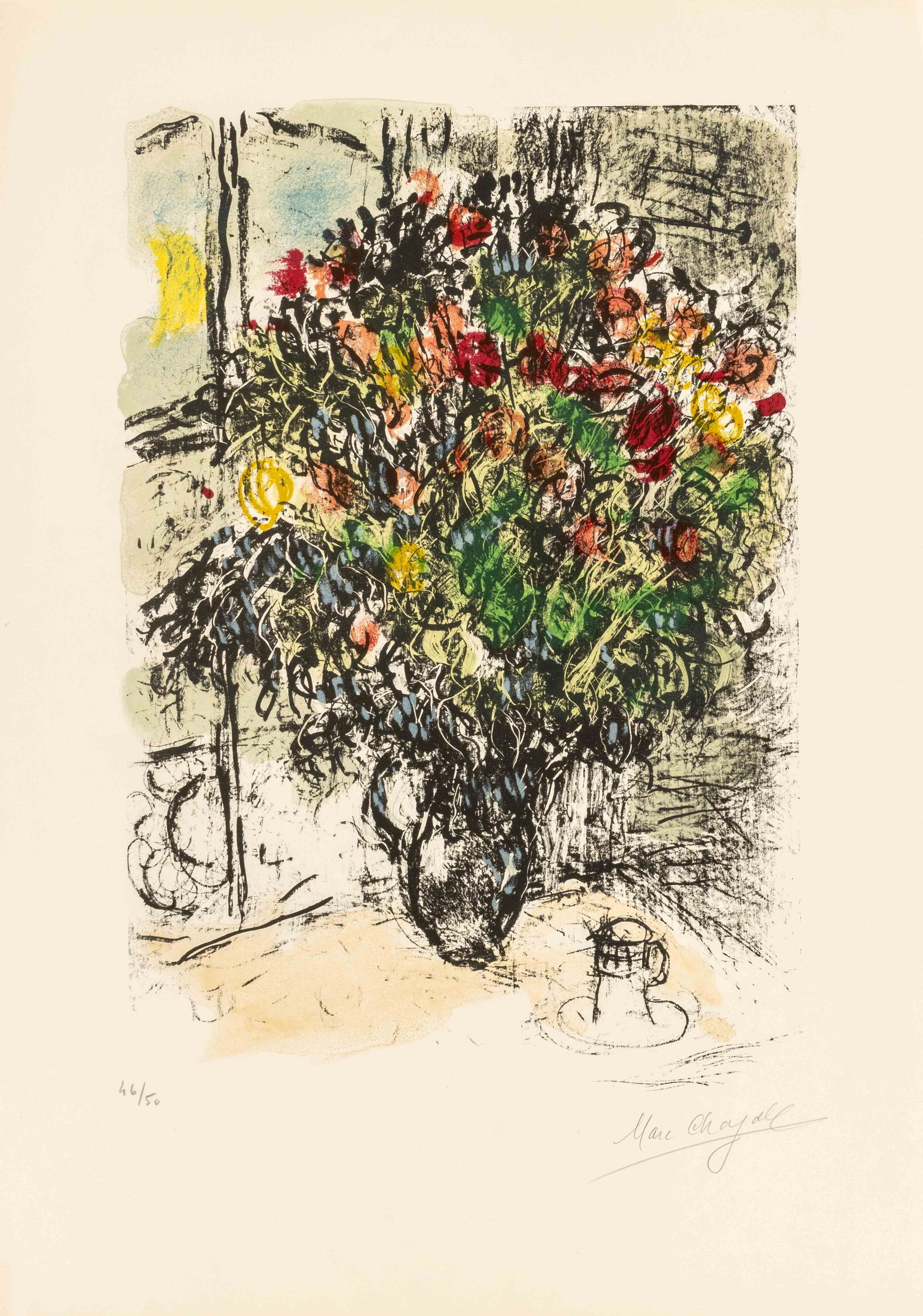 Marc Chagall "Le Bouquet Rouge" Lithograph: Marc Chagall (French, 1887-1985), "Le Bouquet Rouge" [The Red Bouquet], Lithograph in Colors on Arches Paper, 1969, signed in pencil lower right, numbered edition "46/50" lower left, unframed. Image: