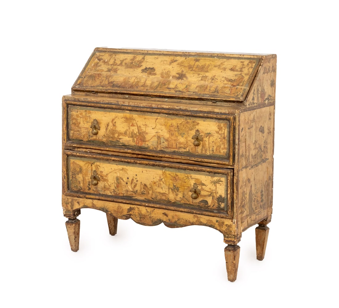 Venetian Chinoiserie Painted Secretaire: Venetian Chinoiserie Painted Secretaire, with figural and landscape scene motif, and fall front writing surface opening to four short drawers above two frieze drawers on tapered legs. 41.25" H x 38.75