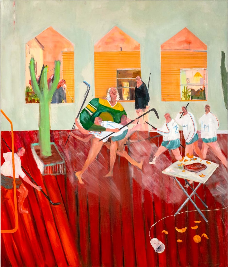 Grace Metzler Hockey Game Oil and Acrylic, 2021: Grace Metzler (American, b. 1989), Hockey Game, Oil and Acrylic on Canvas, 2021, signed and dated verso, unframed. 59" H x 50.25" W x 1.25" D. Provenance: From a Los Angeles Collection. Keywords: Pain