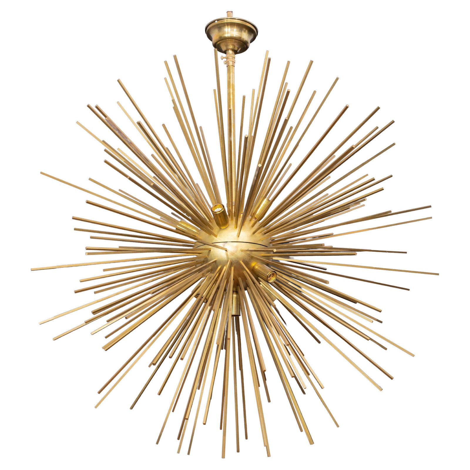 Italian Modern Large Brass Sputnik Chandelier: Italian Mid-Century Modern Large Brass Sputnik Chandelier. 63" H x 52" Diameter. Provenance: From a 540 West 24th Street Estate. Keywords: Lighting, Pendant lamp, Hanging light, Ceiling light, Starbur