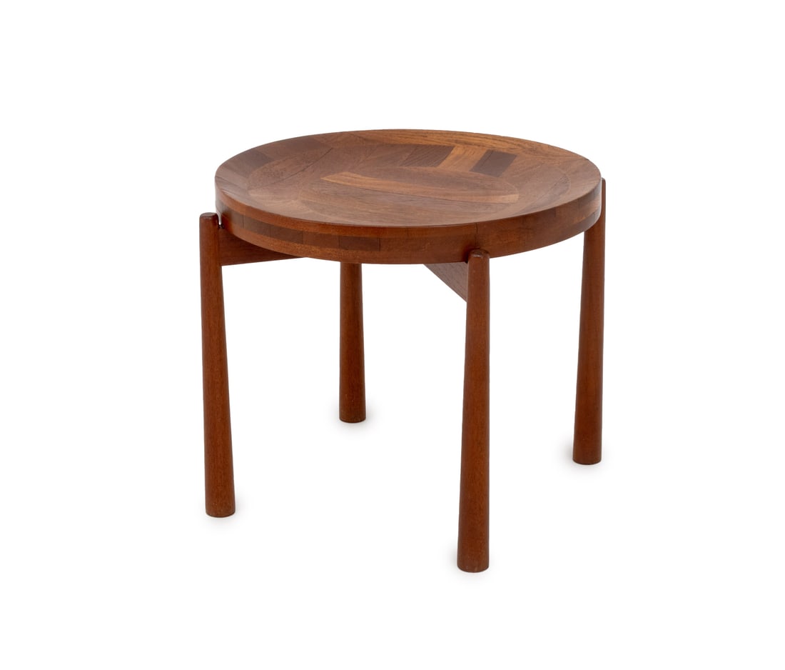 Jens Quistgaard Teak Tray Table: Jens Quistgaard (Danish, 1919-2008) Teak Circular Side Table, with removable tray top on stand. 17" H x 21.5" W x 21.5" D. Provenance: From a Brooklyn Heights Townhouse. Keywords: Danish Modern Furnit