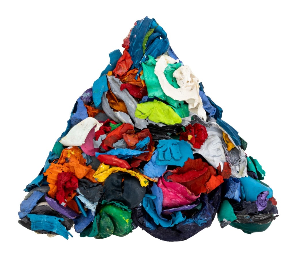 Elfi Schuselka Paint Collage Triangle Sculpture: Elfi Schuselka (Austrian, b. 1940) Paint Collage Triangle, Mixed Media Wall Sculptures, apparently unsigned. 10" L x 11" W x 2" D. Provenance: From the collection of the artist. Note: Schuselka studie