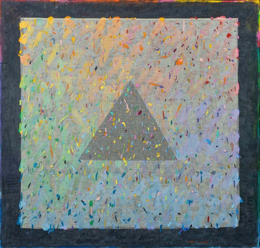 Elfi Schuselka "Triangle in Square #4" Mixed Media: Elfi Schuselka (Austrian, b. 1940), "Triangle in Square #4", Acrylic on Tarlatan with Foamcore Elements, 1981-83, signed, titled, and dated with descriptive label verso, unframed. 43.25" H x 44.5" W.