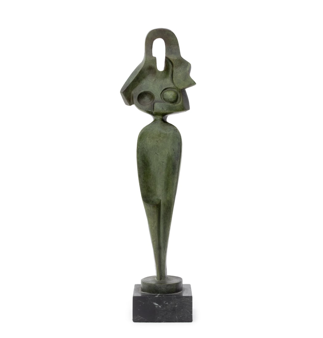 Alexander Archipenko "Egyptian Motif" Bronze, 1917: Alexander Archipenko (Ukrainian/American, 1887-1964) "Egyptian Motif" Verdigris Patinated Bronze Sculpture, 1917, signed and dated on bronze base, mounted on a black marble plinth. Overall: 14.75" H x